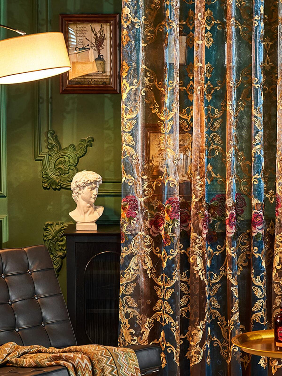 1pc Pull-Cord Classic American Floral Embroidery Sheer Curtain, Lightweight Decorative Window Drape, Atmosphere Creating