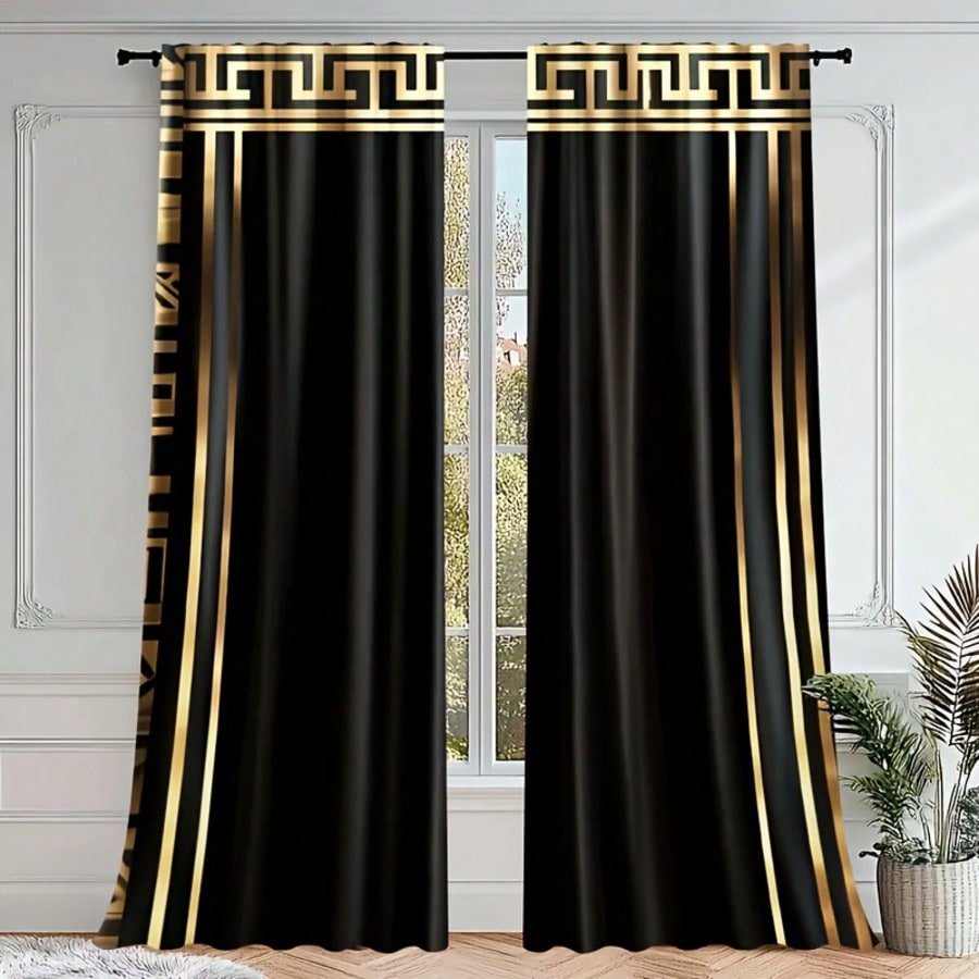 1Set/2pcs Modern Geometric Black Gold Pattern Curtains, Semi-Shading - UV Protection Rod Pocket Window Drapes, Living Room Decorative Unlined Multiple Scenes Available, Provide Privacy Machine Washable, Anti Fading Window Treatments, 90-100g,